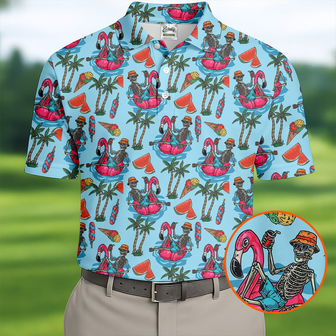 Skeleton Flamingo Summer Vibe Retro Golf Shirt, Men's Funny Golf Shirts, Polo ShirtFor Men, Golf Shirts For Men
