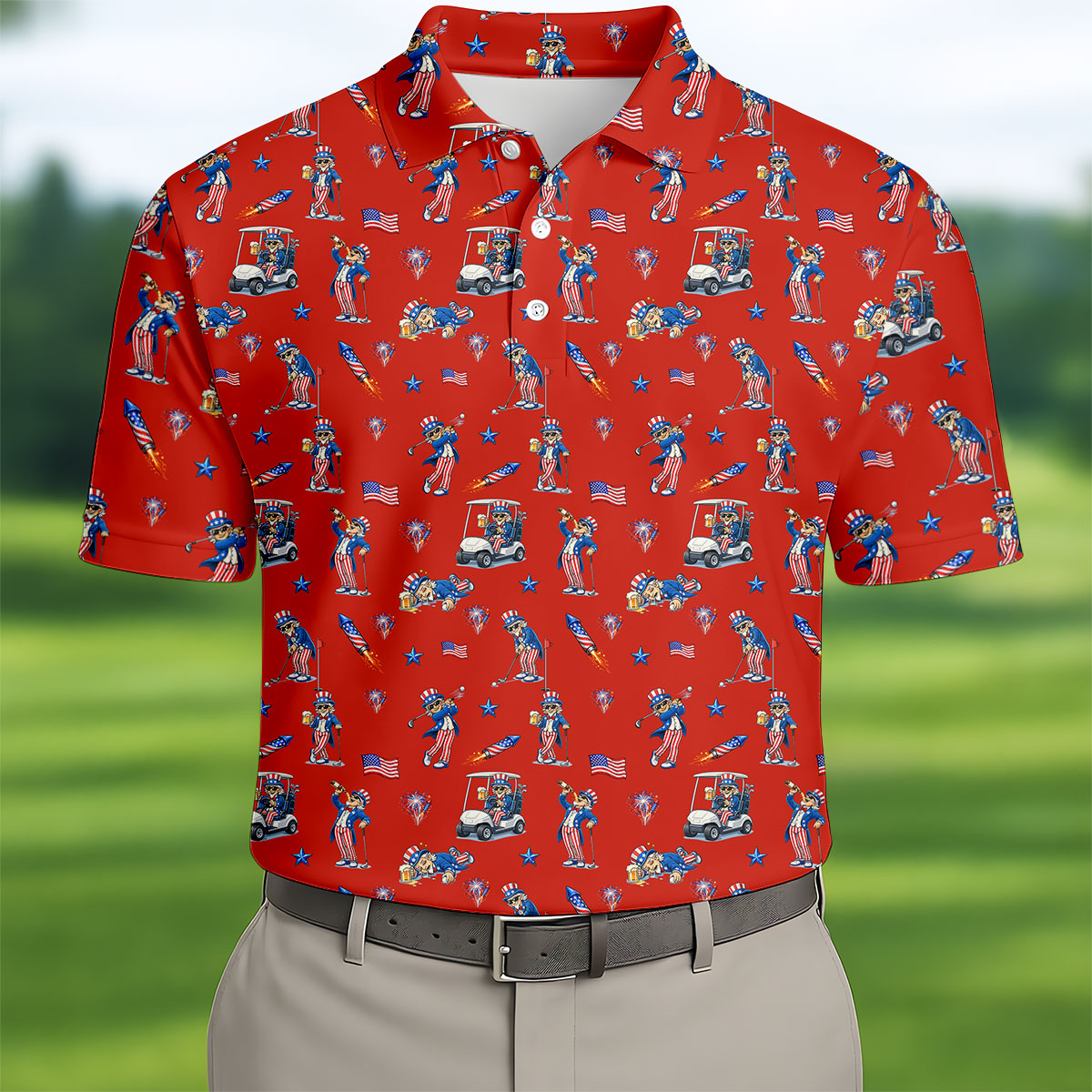Patriotic Man Golf And Beer Funny 4th Of July Red Golf Shirt, 250 Years Seamless Pattern Golf Shirts For Men