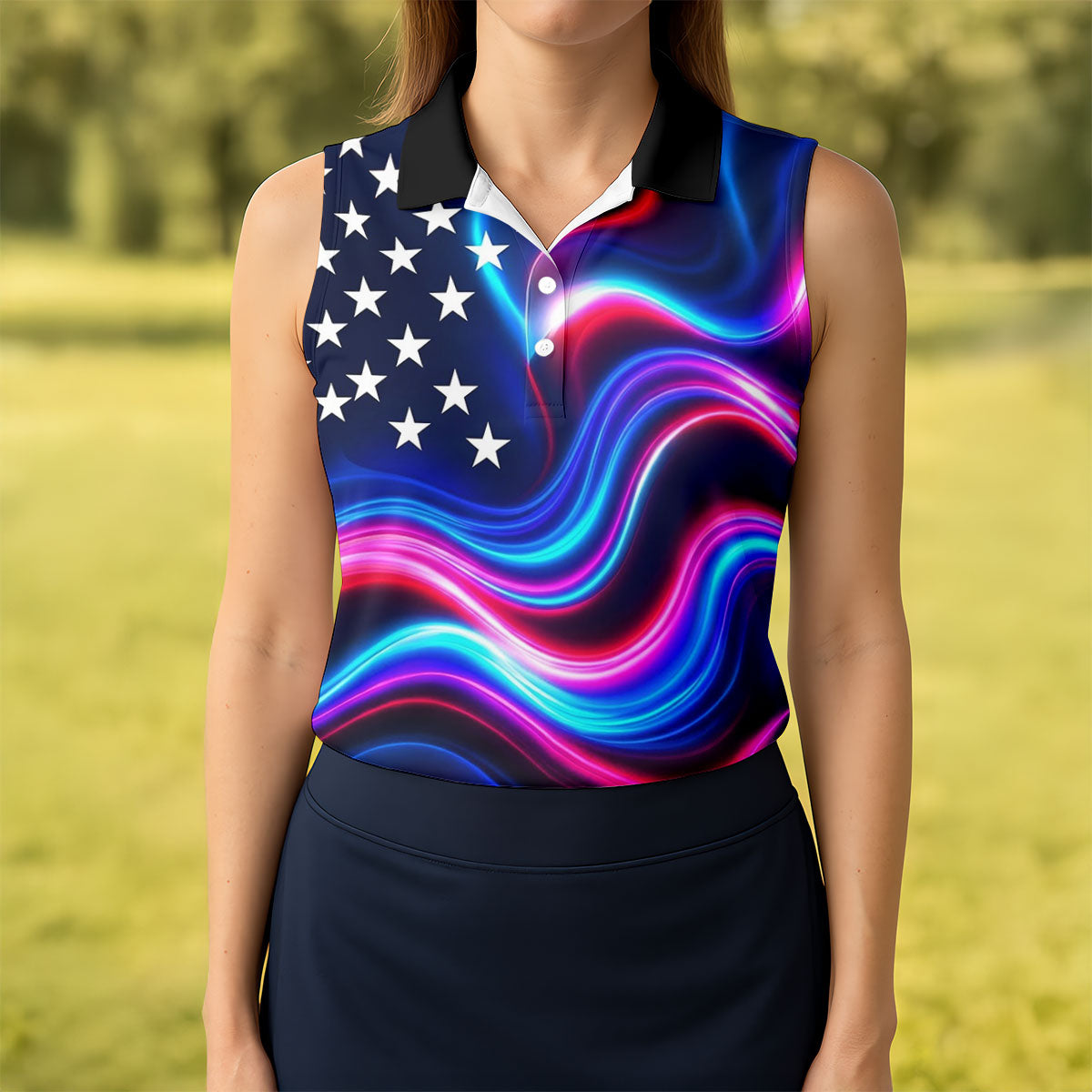 Star Pattern Neon Color Wavy Stripes 250th Anniversary, Patriotic 4th Of July Golf Shirt For Women