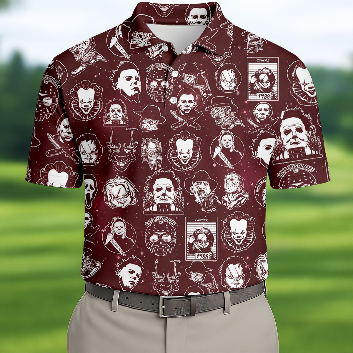 Vintage Halloween Horror Character Pattern Golf Shirt, Men's Golf Shirt, Hawaiian Golf Shirt