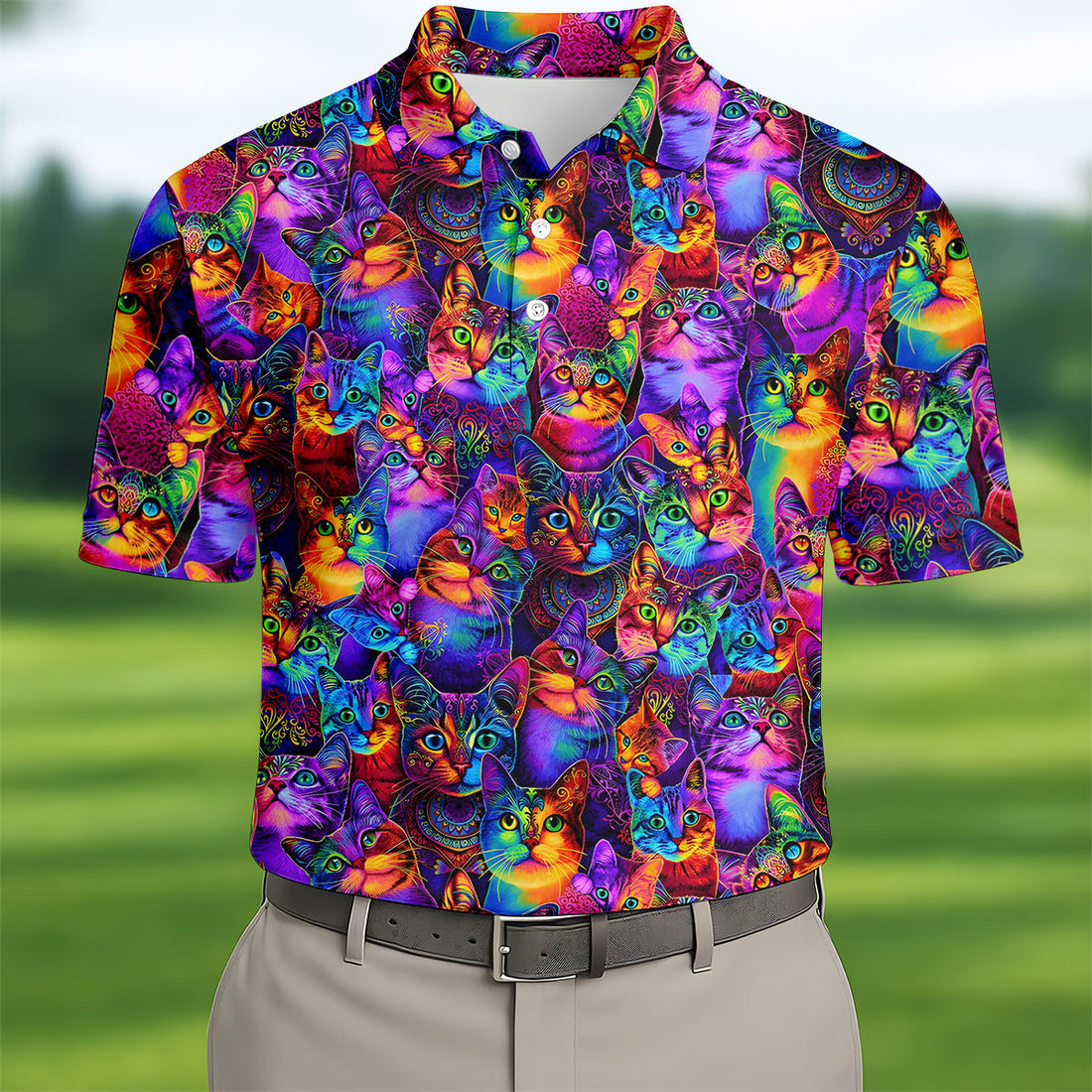 Psychedelic Cat Golf Shirt, Colorful Neon Cat Pattern, Polo Shirts For Men