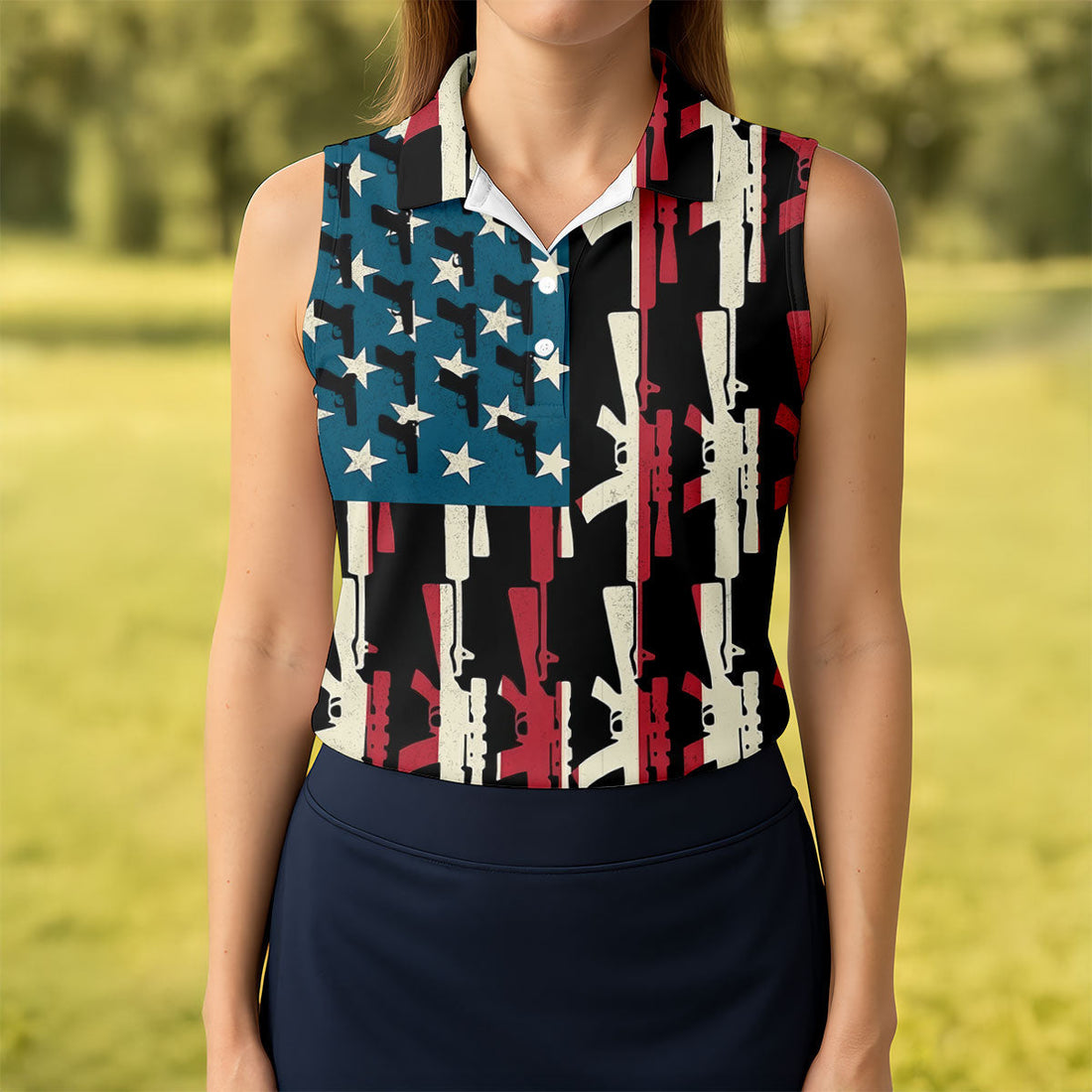 American Flag Pattern Army Theme Patriotic Golf Shirt, 250th Anniversary Ladies Golf Tops, Golf Shirt For Women