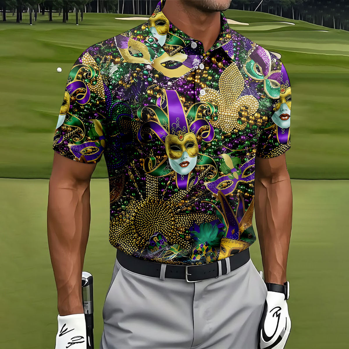Jester Mask Purple Green Gold Fleur De Lis Beads Mardi Gras Golf Shirt, Golf Shirts For Men, Polo ShirtFor Men