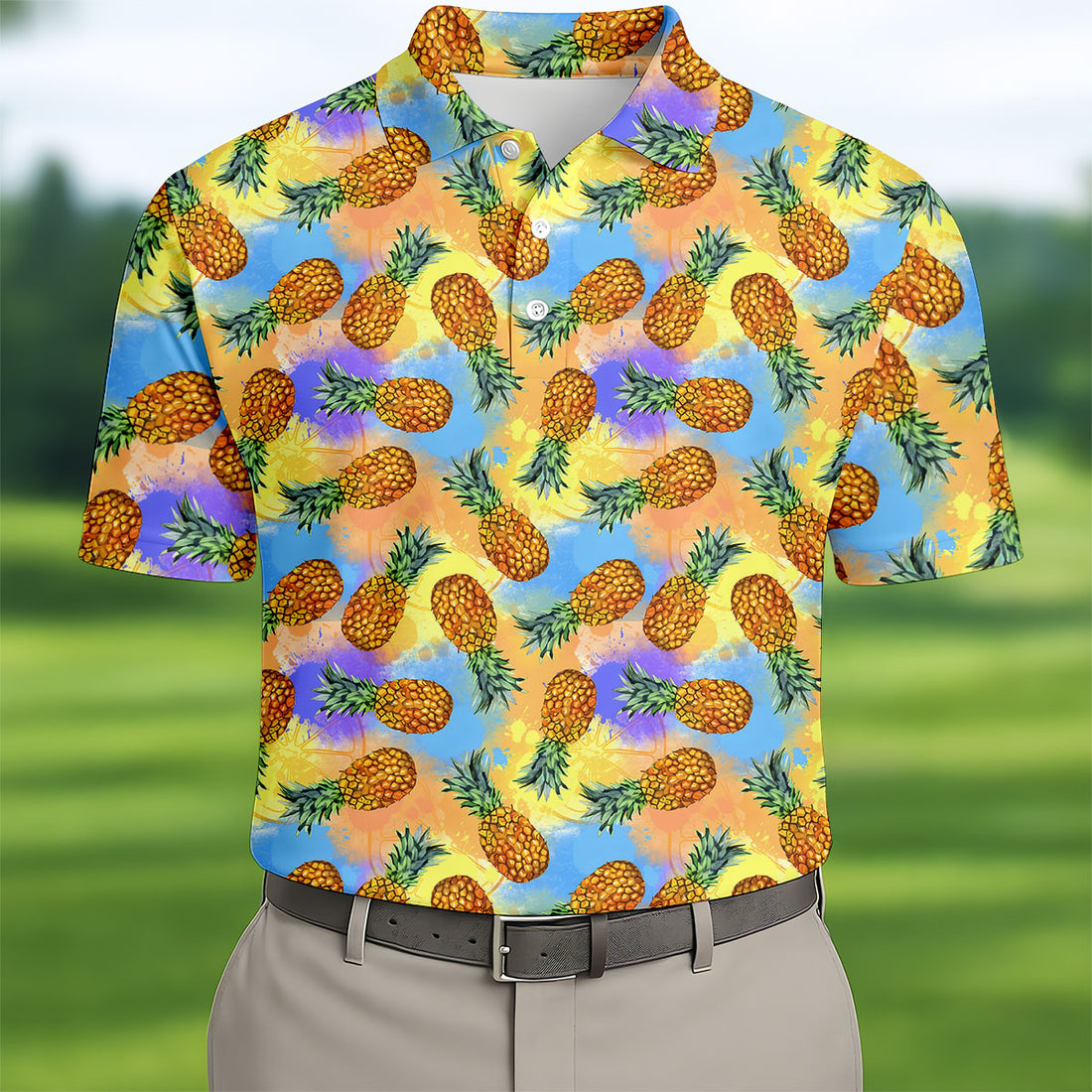 Colorful Pineapple Tropical Pattern Golf Shirt, Mens Polo Shirt, Hawaiian Golf Shirt, Performance Golf Shirt