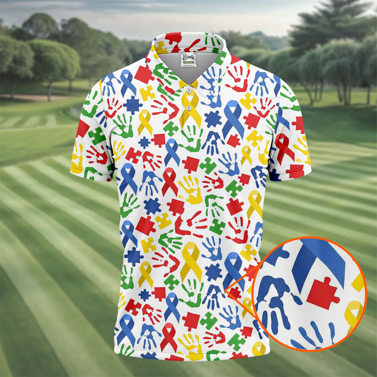 Autism Ribbon Colorful Puzzle Pieces Handprints Golf Tops For Men, Polo ShirtFor Men, Golf Shirts For Men