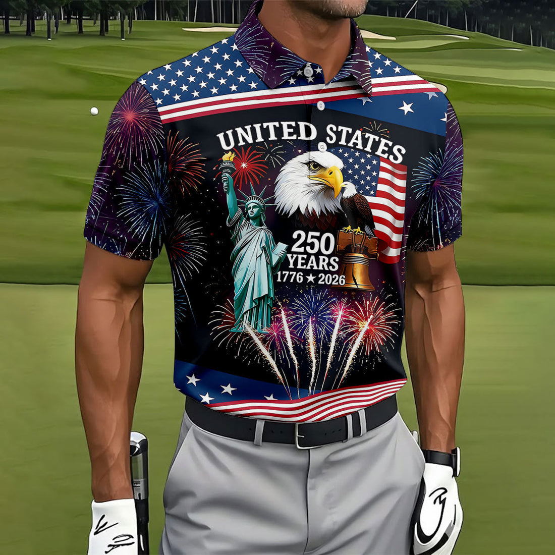 250 Years American Symbols US Flag Golf Shirt, Patriotic 4th Of July Golf Shirts For Men