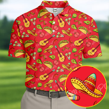 Mexican Party Seamless Pattern Red Golf Tops For Men, Cinco De Mayo Celebration Golf Shirts For Men