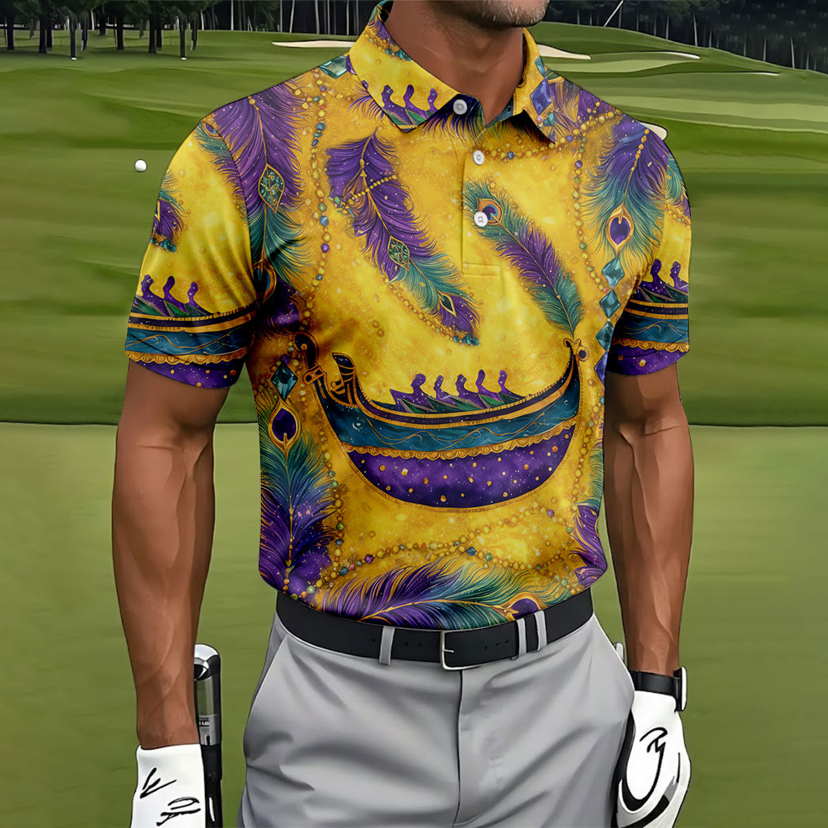 Mardi Gras Day Gradient Art Feather Print Retro Men's Golf Polo Shirt Golf Shirts For Men