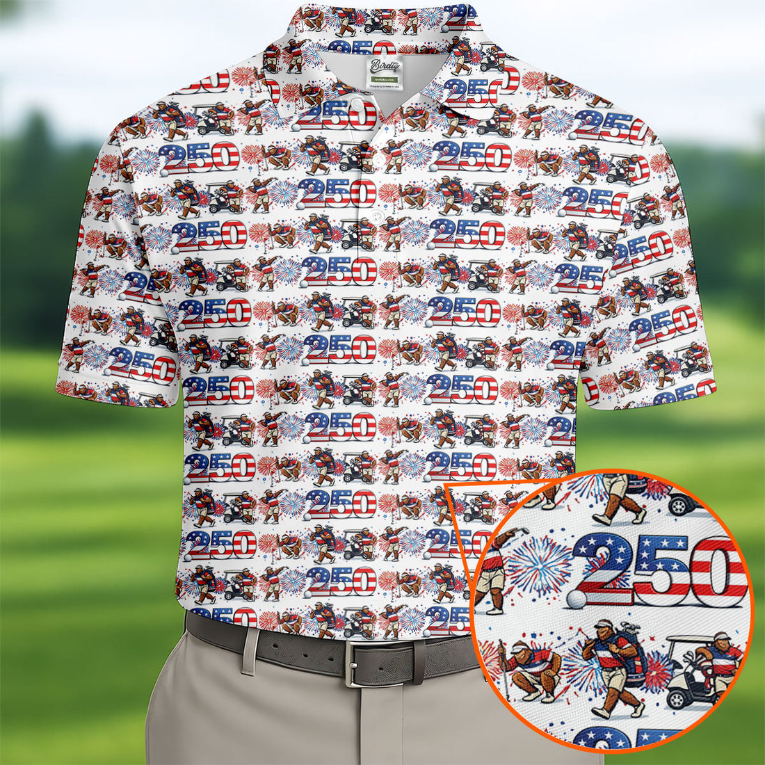 Funny Bigfoot Golf Pose Patriotic 4th Of July White Golf Shirt, 250 Years Golf Shirts For Men
