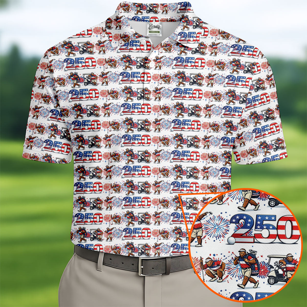 Funny Bigfoot Golf Pose Patriotic 4th Of July White Golf Shirt, 250 Years Golf Shirts For Men