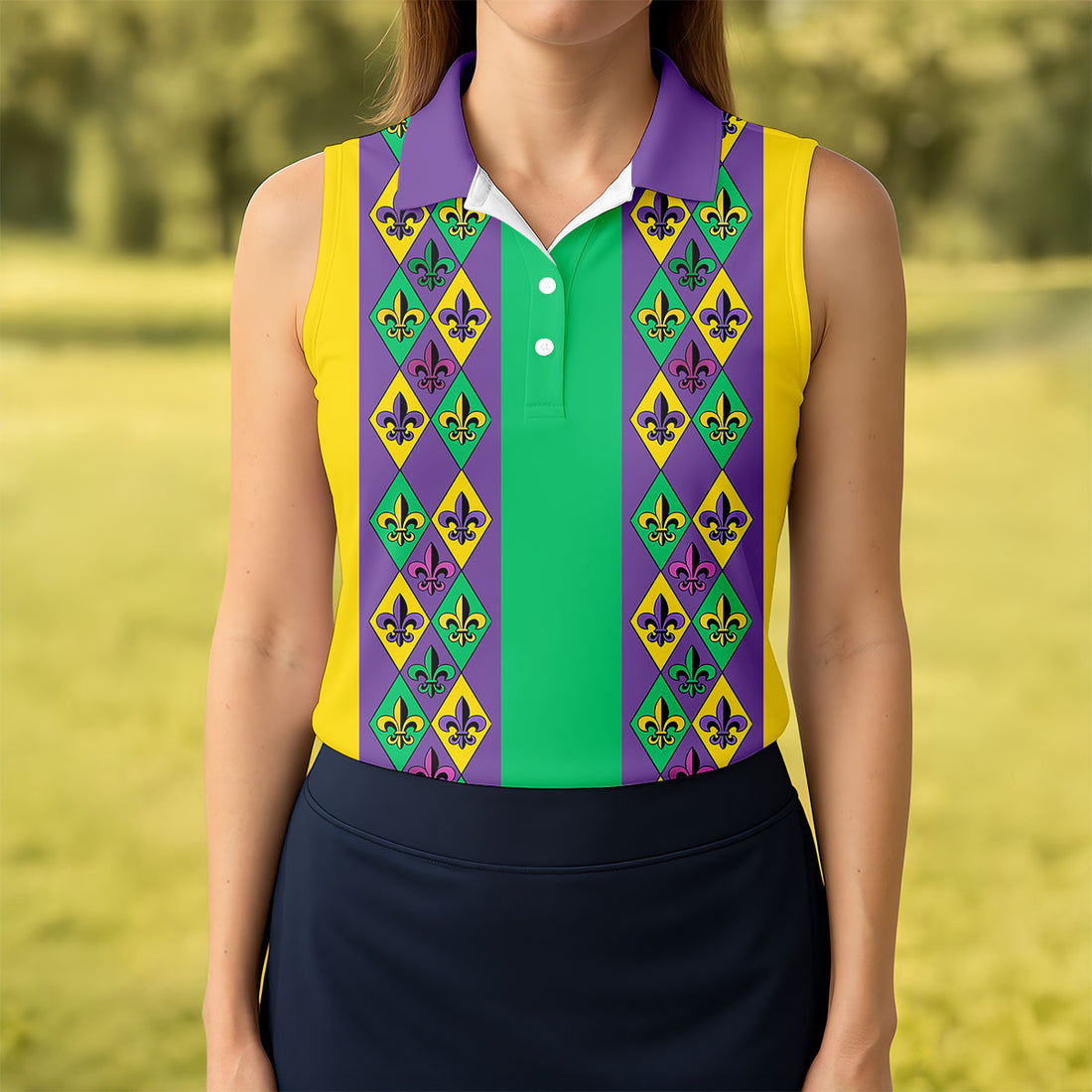 Purple Green Gold Fleur De Lis Argyle Pattern Mardi Gras Golf Shirt, Women's Golf Tops, Ladies Golf Shirt