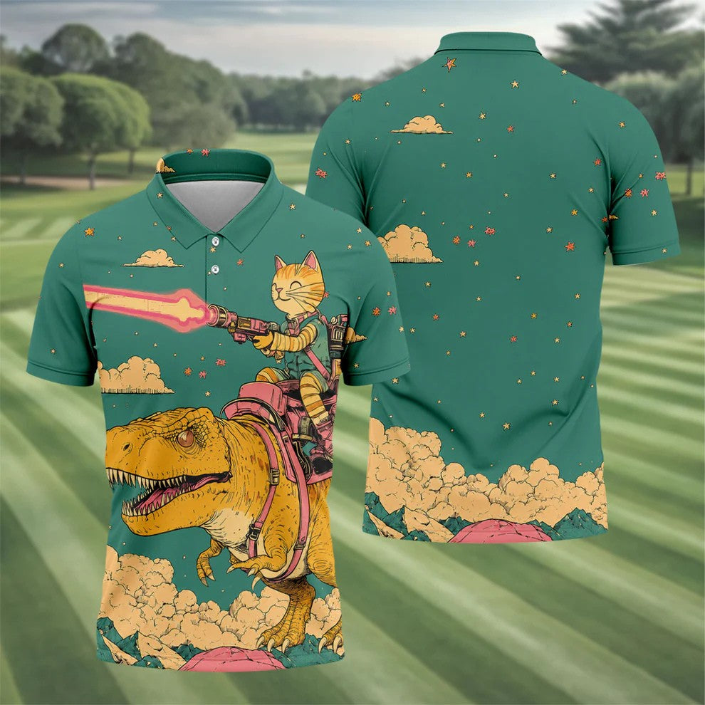 Laser Cat Dinosaur Golf Shirt, Retro Sci Fi T Rex Adventure Pattern, Golf Shirt For Men