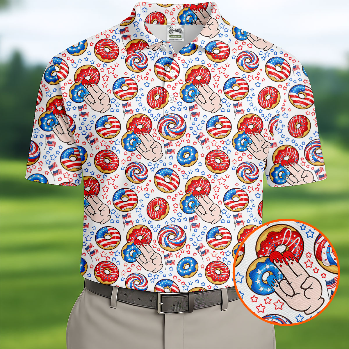 Donut Finger Funny Dirty American Flag Pattern White Golf Shirts For Men, 250th Anniversary Patriotic Golf Shirt