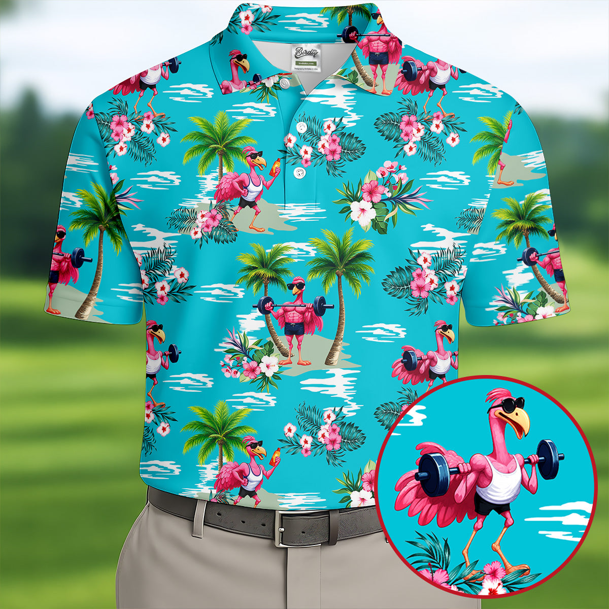 Funny Weightlifting Flamingo Tropical Hawaiian Golf Shirt, Mens Golf Polo, Printed Golf Shirts