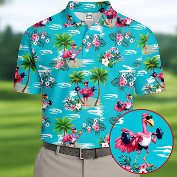 Funny Weightlifting Flamingo Tropical Hawaiian Golf Shirt, Mens Golf Polo, Printed Golf Shirts