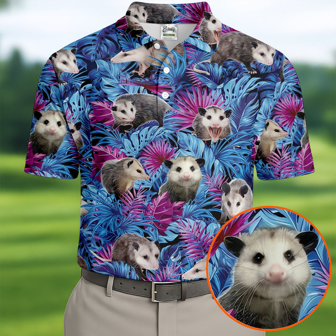 Funny Opossum Blue Purple Hawaiian Golf Shirt, Tropical Theme Golf Shirts For Men