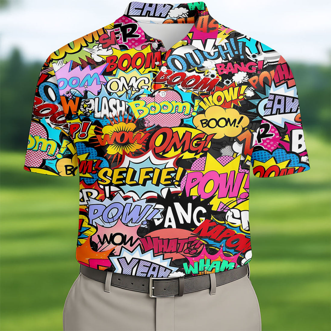 Comic Pop Art Golf Shirt, Retro Speech Bubble Pattern, Polo Shirts For Men