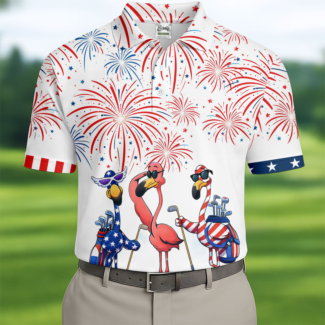 Funny Flamingo American Flag Pattern White Golf Shirt, 250th Anniversary Patriotic Golf Shirt, Golf Shirts For Men