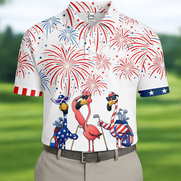 Funny Flamingo American Flag Pattern White Golf Shirt, 250th Anniversary Patriotic Golf Shirt, Golf Shirts For Men