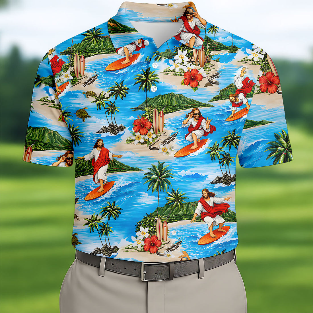 Funny Beach Surfer Jesus Hawaiian Golf Shirt, Mens Golf Polo, Printed Golf Shirts