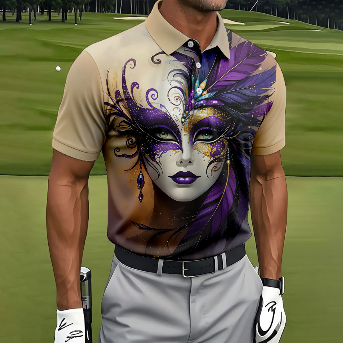 Feather Mask Mardi Gras Golf Shirt, Purple And Beige Golf Shirts For Men, Polo ShirtFor Men