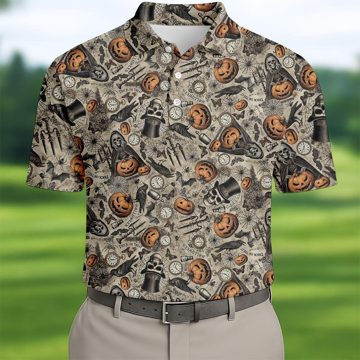 Vintage Pumpkin Skull Halloween Golf Shirt, Golf Shirts For Men, Golf Apparel For Men