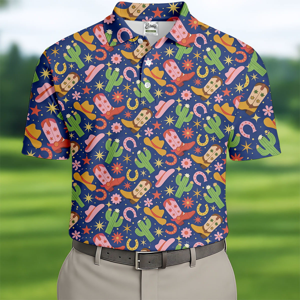 Western Cowboy Golf Shirt, Desert Cactus Horseshoe Pattern, Golf Shirt For Men