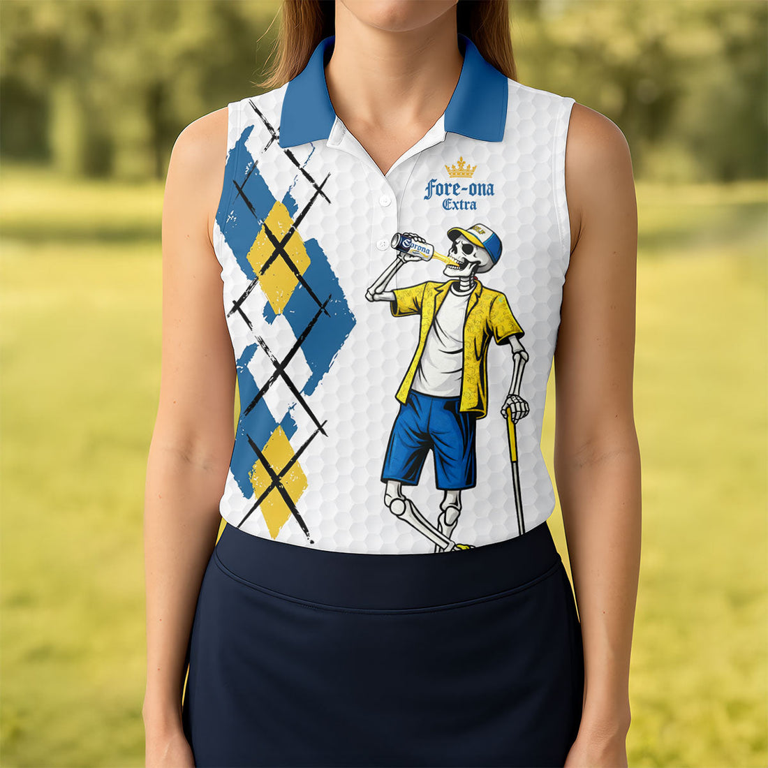 Blue Yellow Skeleton Golfer Beer Polo Shirt, Women’s Golf Apparel, Golf Shirts For Women