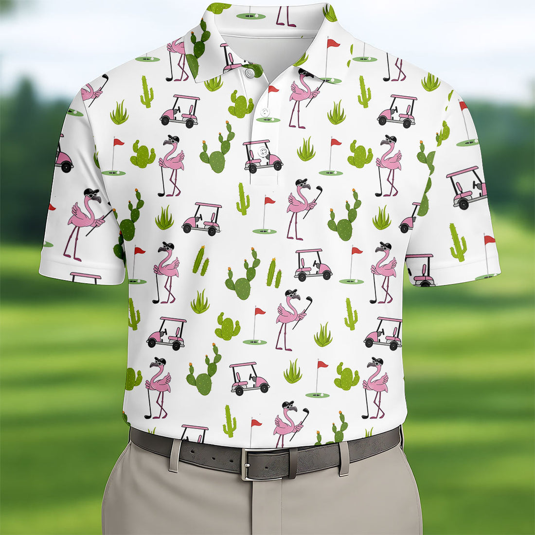 Pink Flamingo Golf Cart Cactus Hawaiian Golf Shirt, Mens Golf Polo, Golf Apparel For Men