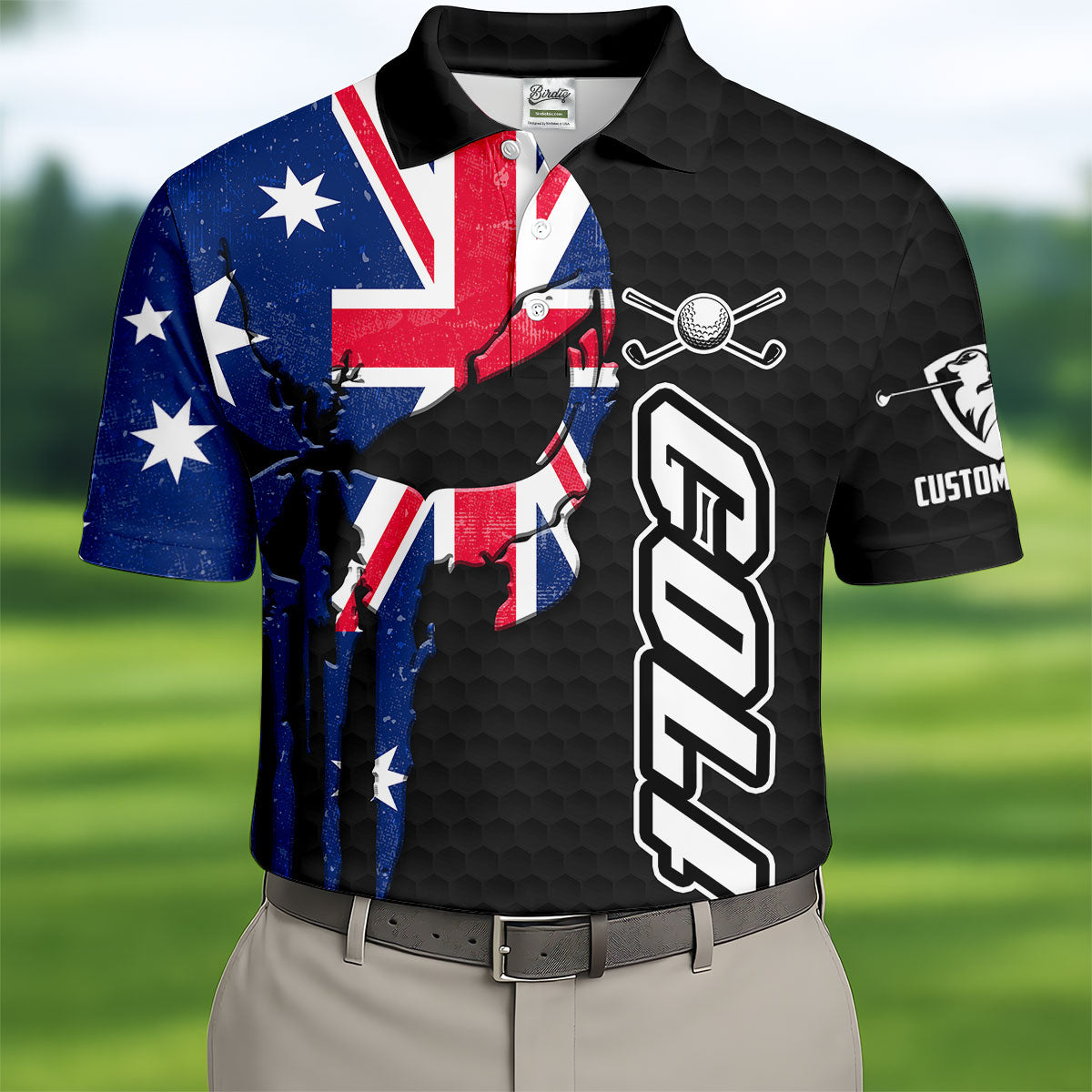 Cool Skull Golf Ball Pattern Australia Flag Print Black Golf Shirt, Polo Shirtor Men