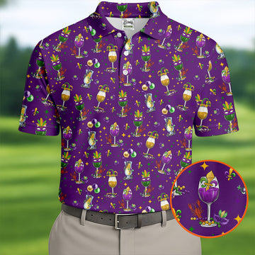 Mardi Gras Wine Glass Beaded Garland Fleur De Lis Purple Golf Shirt, Polo ShirtFor Men, Golf Shirts For Men