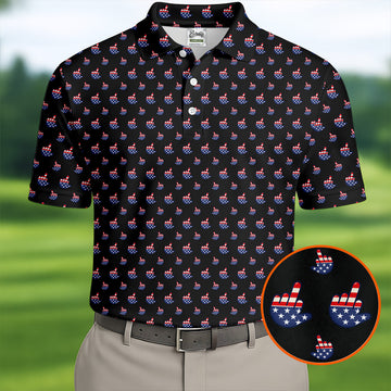 Funny Middle finger US Flag Pattern 250th Anniversary Black Golf Shirt, 4th Of July Golf Shirts For Men