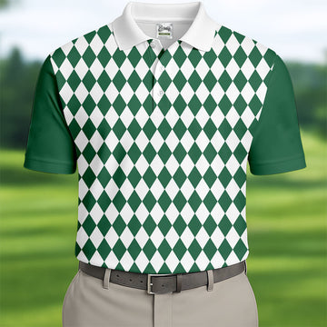 Green And White Argyle Pattern Retro Golf Shirt, Golf Tops For Men, Golf Shirts For Men, Polo For Men