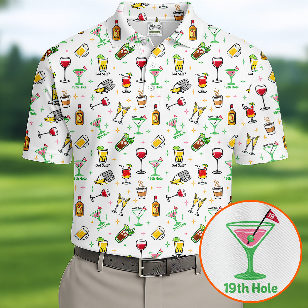 19th Hole Cocktail Drinks Pattern Golf Shirt, Mens Golf Polo, Printed Golf Shirts