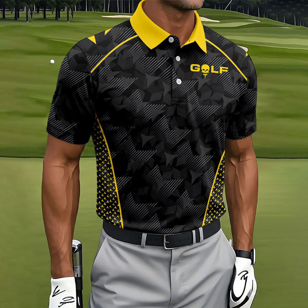 Abstract Triangle Black Yellow Golf Tops For Men, Father's Day Golf Gift, Polo Shirtor Men