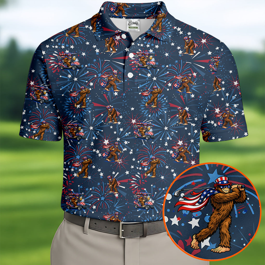 Funny Bigfoot Golf Pose Festive Vibe Navy 4th Of July Golf Shirts For Men, 250th Anniversary Patriotic Golf Shirt