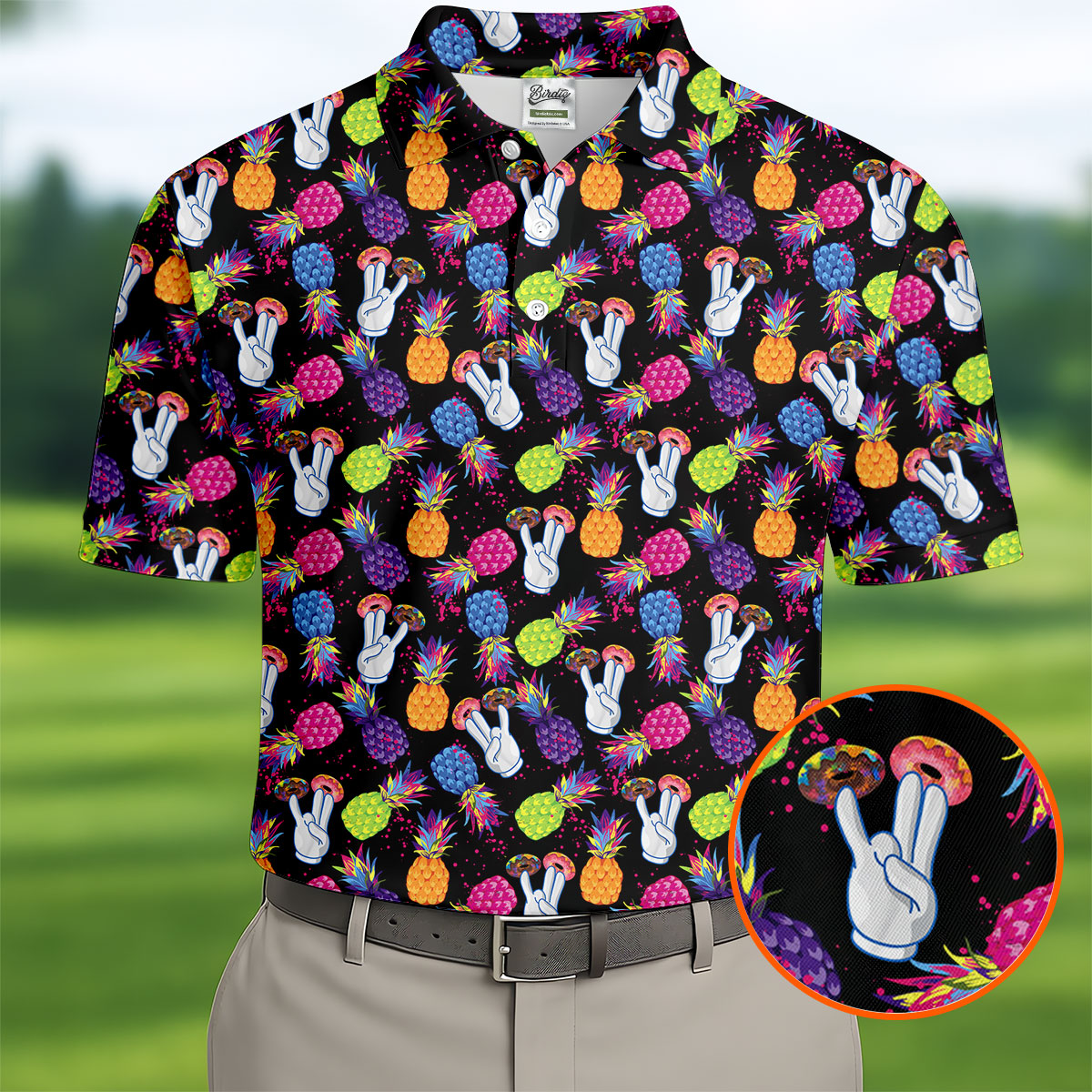 Hawaiian Pineapples Donut Finger Fun Golf Shirts For Men, Adult Humor Golf Polo, Funny Golf Shirts