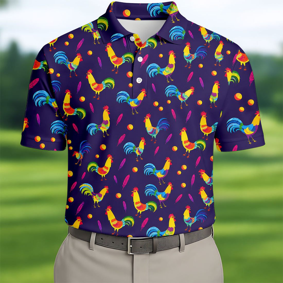 Retro Rooster Golf Shirt, Colorful Country Pattern Polo, Polo Shirts For Men
