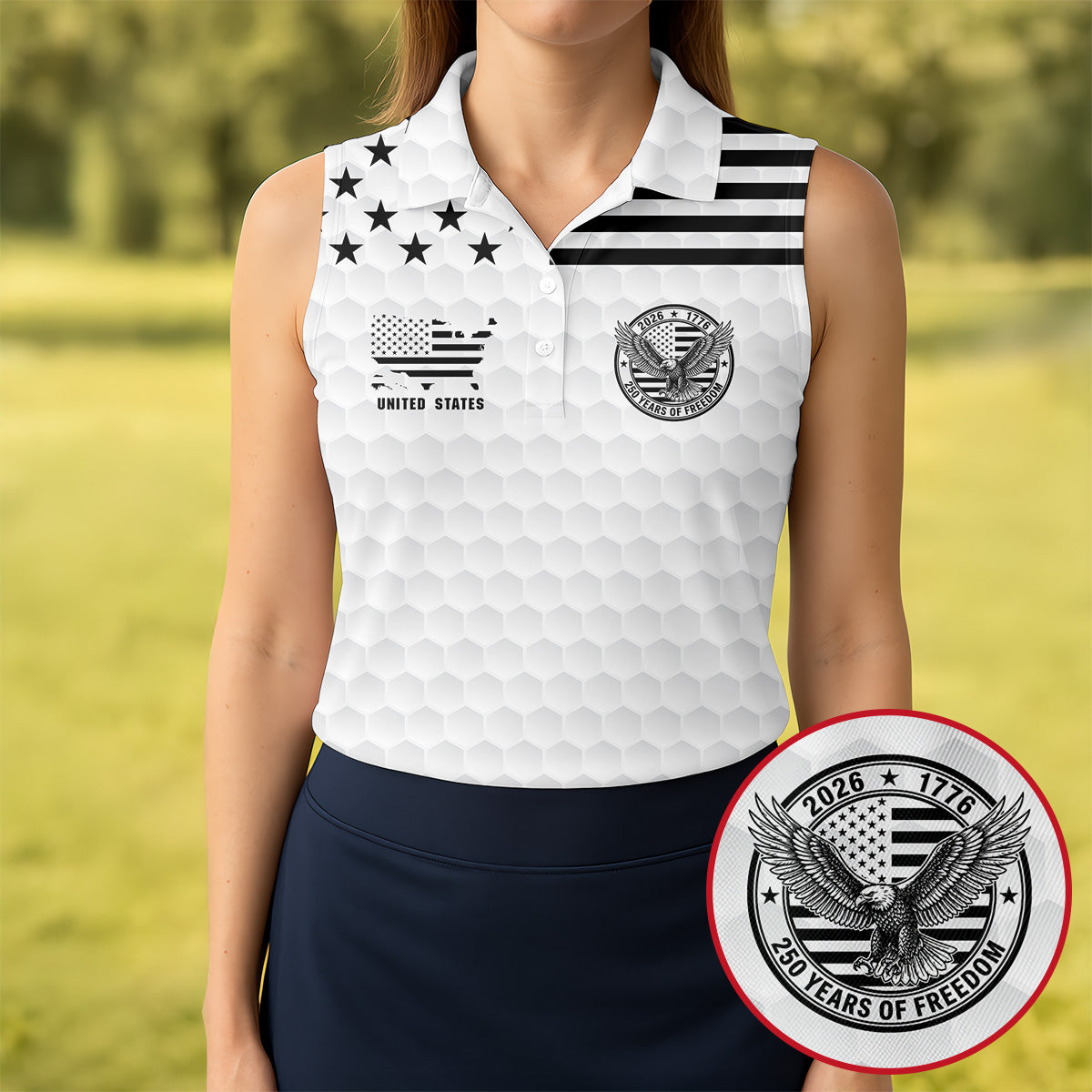 250 Years Of Freedom Golf Ball Pattern White Golf Shirt, 4th Of July Patriotic Golf Shirt For Women