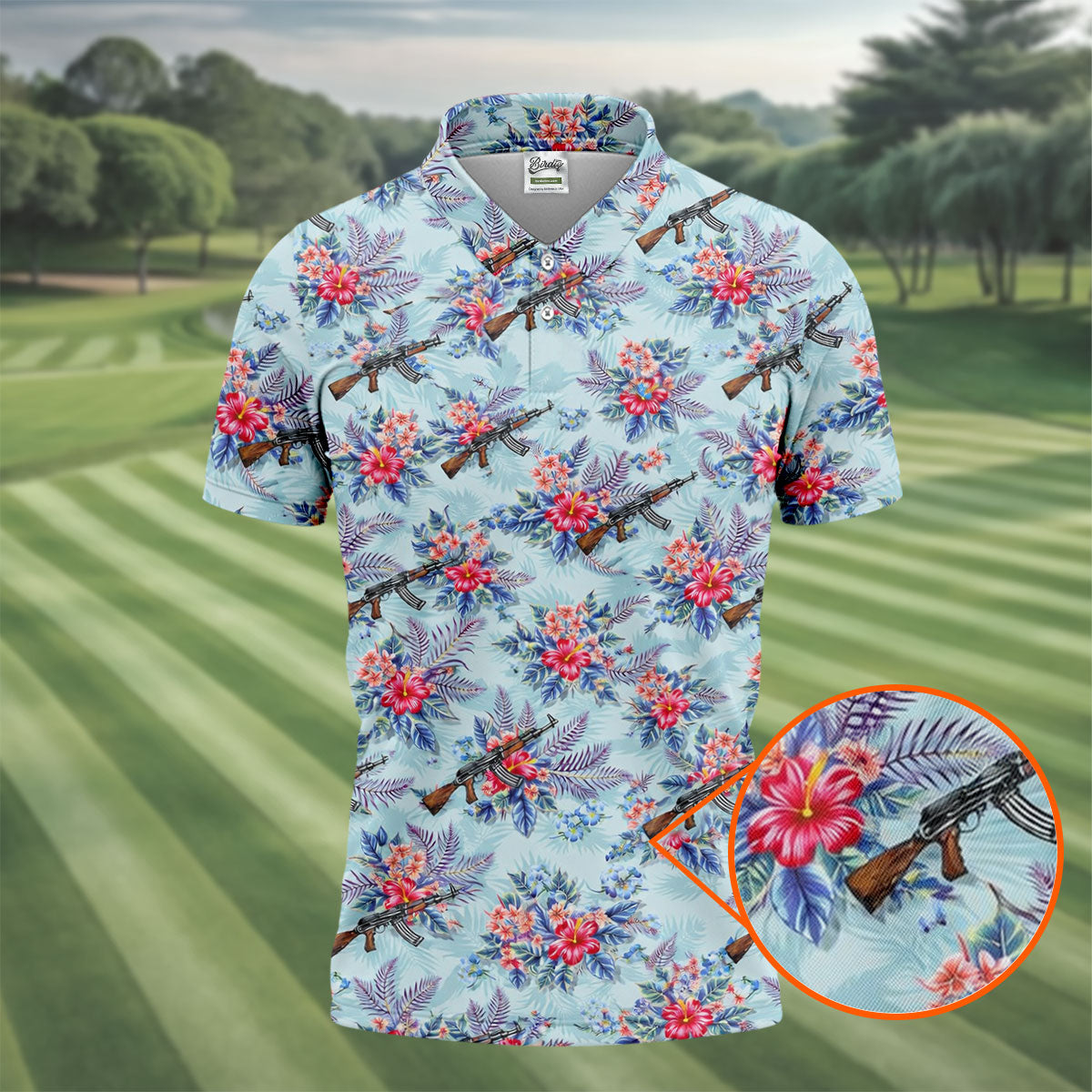 Hawaiian Floral Military Theme Light Blue Golf Shirt, Golf Shirts For Men, Polo ShirtFor Men
