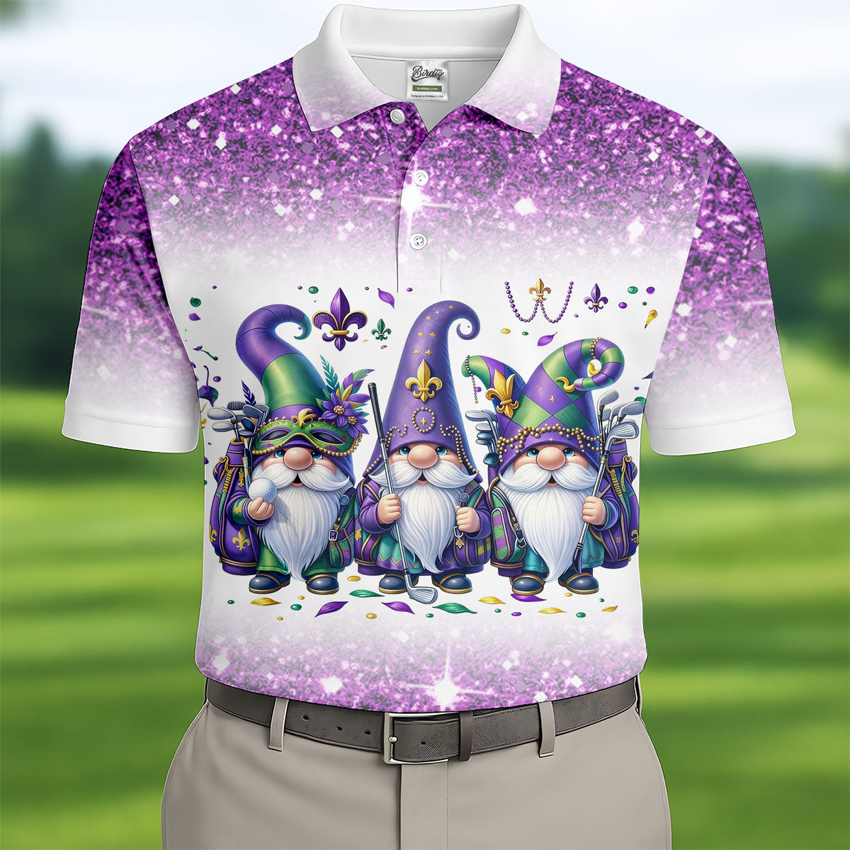 Mardi Gras Gnomes Fleur De Lis Glitter Effect Golf Tops For Men, Polo ShirtFor Men, Golf Shirts For Men