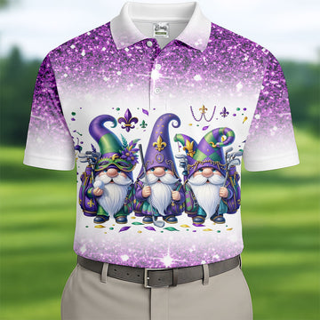 Mardi Gras Gnomes Fleur De Lis Glitter Effect Golf Tops For Men, Polo ShirtFor Men, Golf Shirts For Men