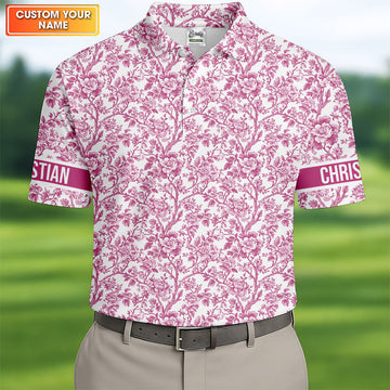 Toile De Jouy Pink Golf Shirt, Golf Tops For Men, Polo ShirtFor Men, Golf Gift For Men, Golf Shirts For Men