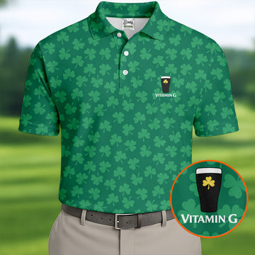 Vitamin G Shamrock Pattern Golf And Beer Green Golf Shirt, St Patrick's Day Golf Shirt, Polo ShirtFor Men