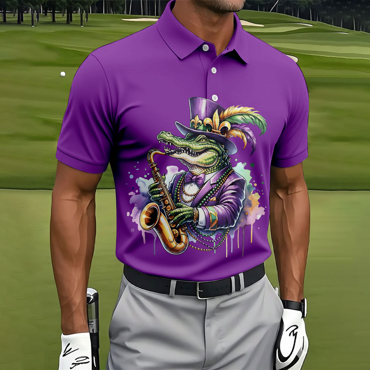 Mardi Gras Alligator Playing Saxophone Purple Golf Shirt, Golf Shirts For Men, Polo ShirtFor Men