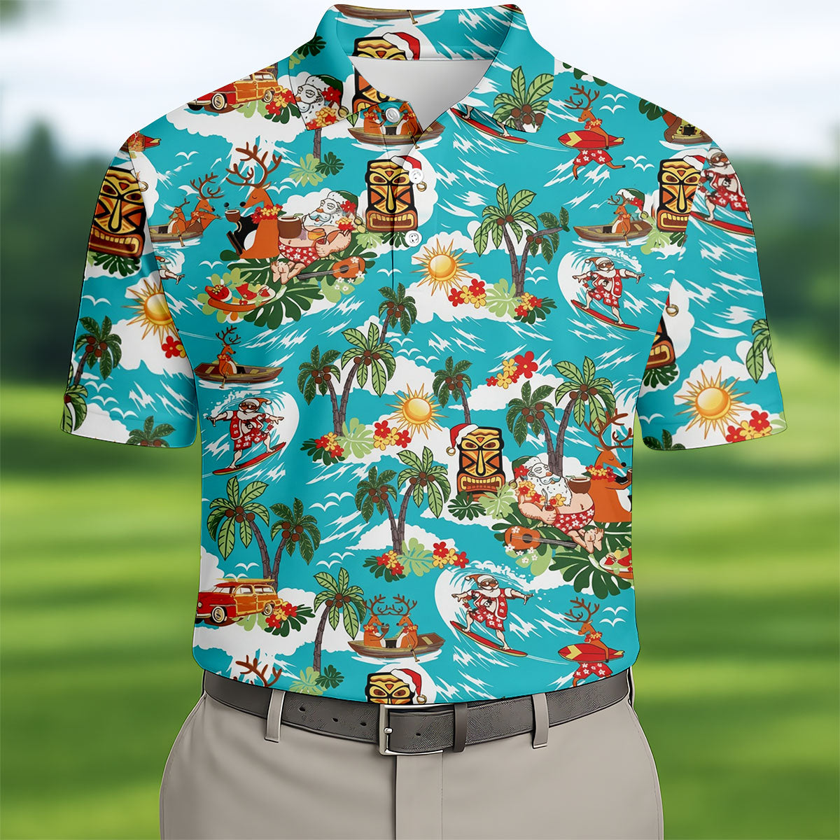 Men's Funny Surfing Santa Hawaiian Golf Shirt, Christmas Golf Shirt, Printed Golf Shirts