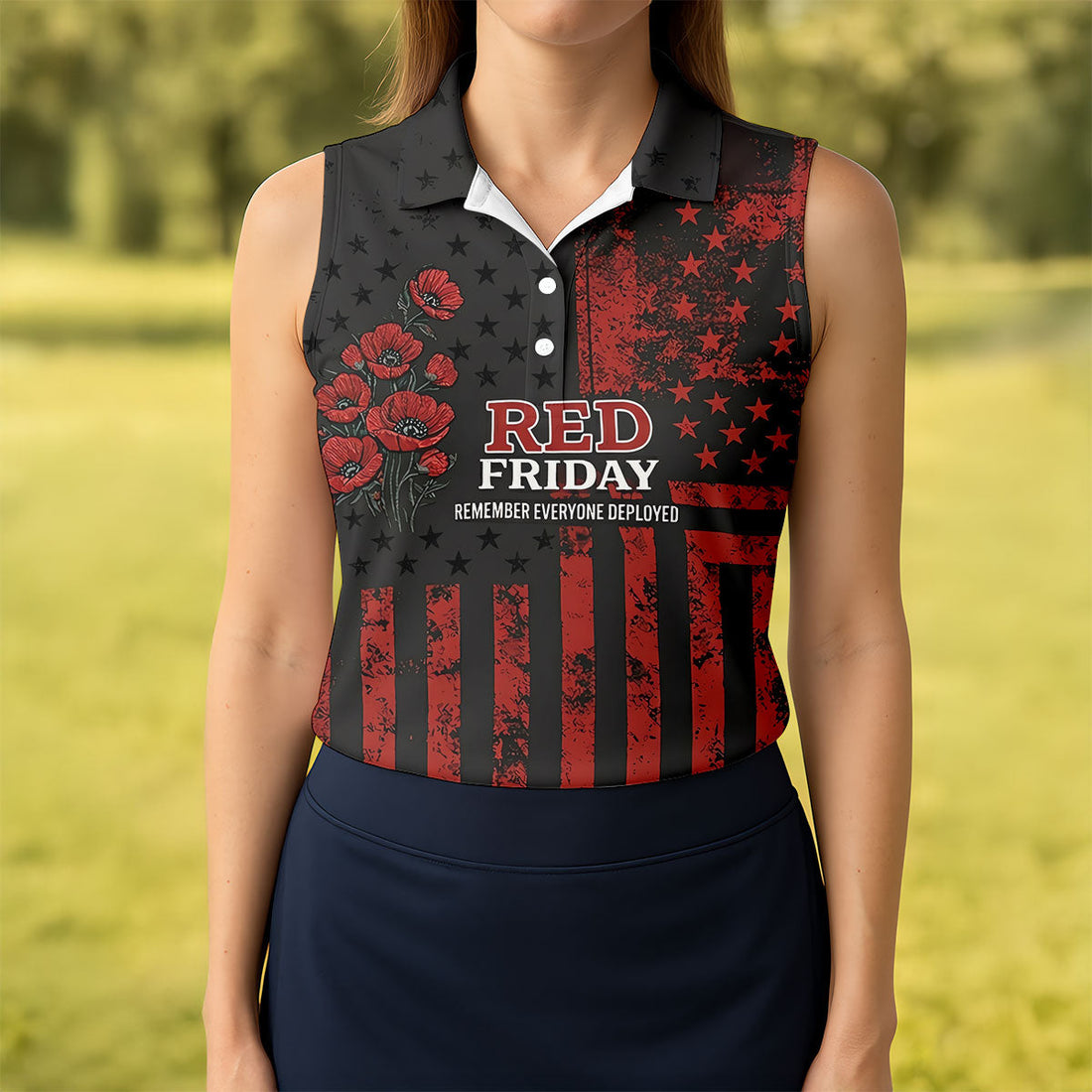 Red Friday American Flag Poppy Golf Polo Shirt, Ladies Golf Shirt, Golf Tops For Women