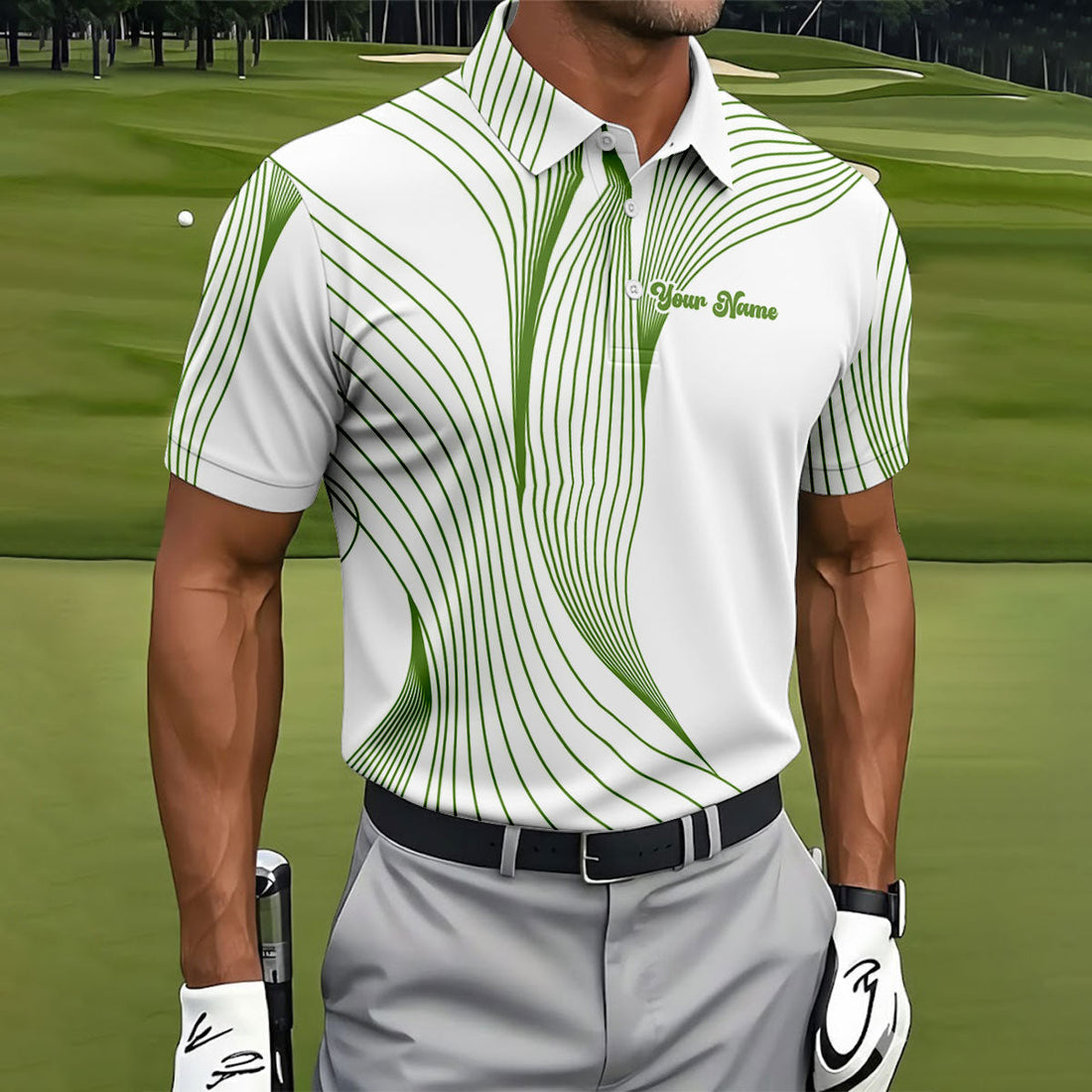 Geometric Line Wavy Line Green And White Custom Name Golf Shirts For Men, Men's Golf Shirt, Polo Shirt Men