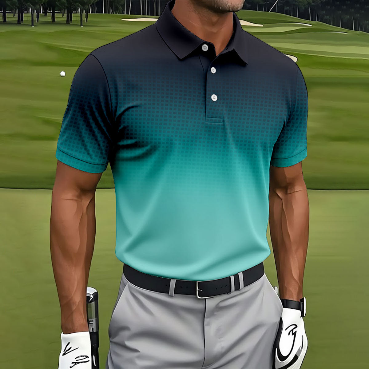 Turquoise Gradient Hawaiian Golf Shirt, Golf Tops For Men, Polo Shirtor Men
