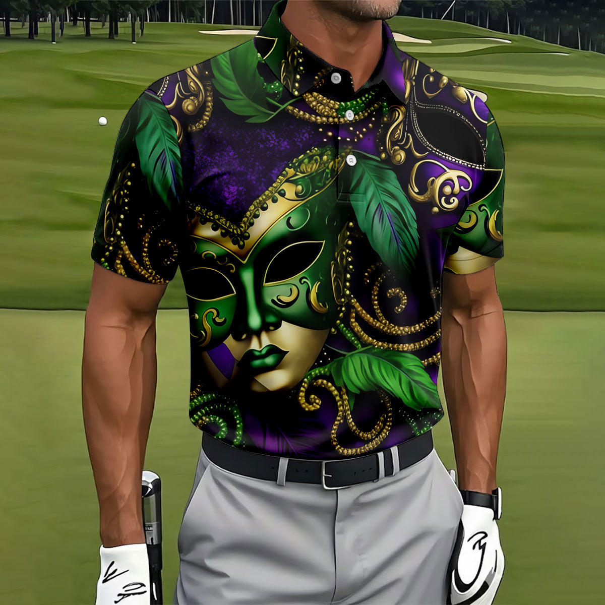 Purple Green Gold Carnival Mask Feather Print Mardi Gras Golf Shirt, Polo ShirtFor Men, Golf Shirts For Men